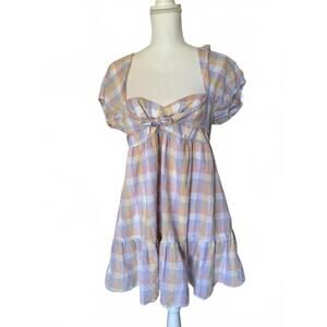 Amanda Uprichard Plaid Short Sleeve Babydoll Dress with Open Back, Small